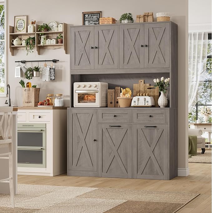 HOSTACK 71" H Kitchen Trash Can Cabinet, 12.5 Gallon Double Pull Out Garbage Can Hutch Cabinet with Trash Bin Storage Holders, 47" Wide Kitchen Pantry with Hidden Garbage Storage, Ash Grey