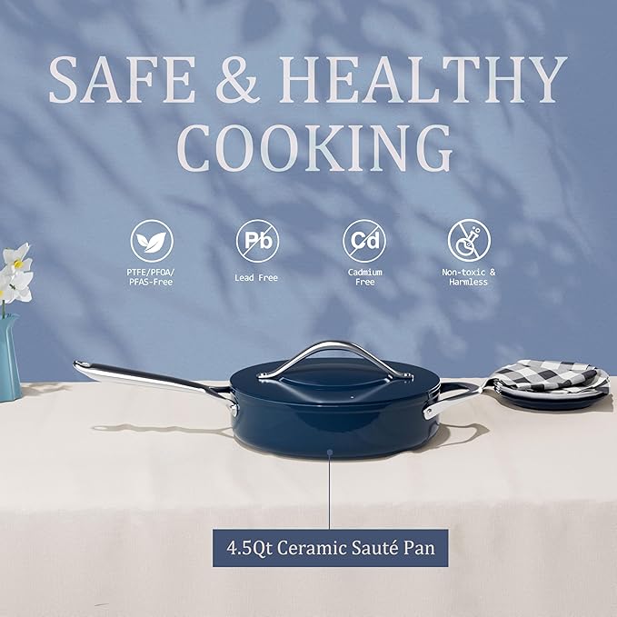 Nonstick Ceramic Saut챕 Pan w/Lid (4.5 qt, 11") Deep Frying Pan for All Cooktops Non Toxic Skillet PTFE/PFOA/PFAS Free, Even Heat Distribution Stainless Steel Stay-Cool Handle, Navy Blue