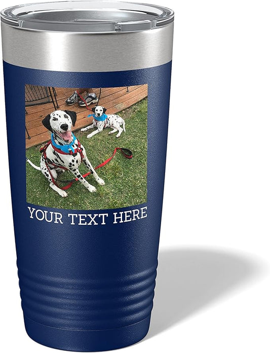 Personalized 20oz (17 Colors) Photo Picture Printed Insulated Stainless Steel Powder Coated Tumbler with Lid ??Customized Mother's Day Gift for Her Him Men, Custom Coach Gifts Team Mom Dad (Navy Blue)