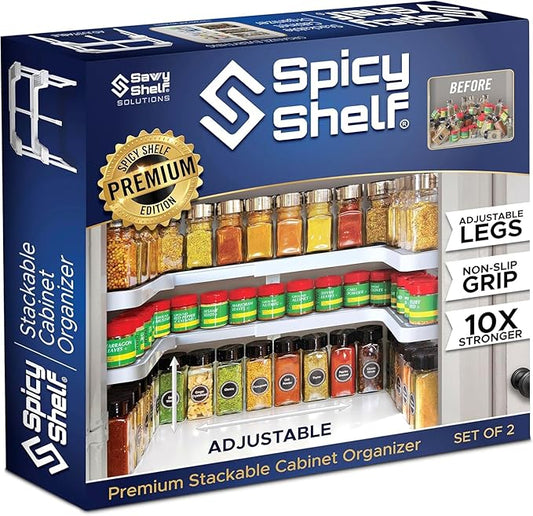 Spicy Shelf Premium ??Expandable 2-Tier Spice Rack Organizer for Cabinets & Pantry ??Adjustable Stackable Kitchen Seasoning Organizer ??Strong Non-Slip Cabinet Organizer for Spices, Bottles & More
