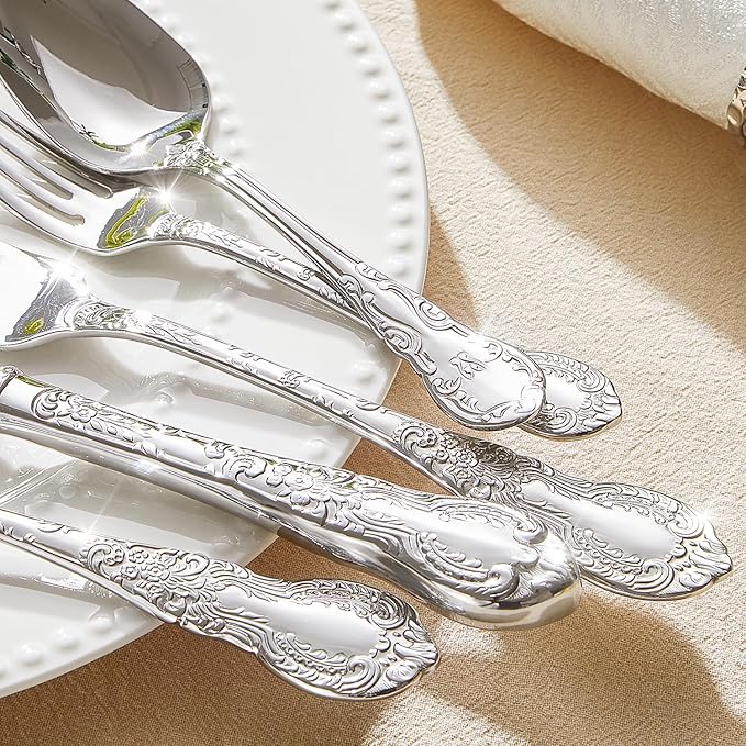 KINGSTONE Vintage Carved Silverware Set, 60-Piece 18/10 Stainless Steel Flatware Cutlery Set with Retro Royal Thick Handle, Tableware Utensils for Home, Restaurant, party, Wedding, Dishwasher Safe