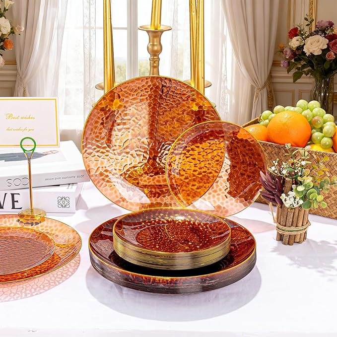 Rubtlamp 60Pcs Amber Plastic Plates - Brown Disposable Plates With Gold Rim, Clear Heavy-duty Party Plates, Hammered Plates Include 30 Dessert Platos, 30 Dinner Platos for Party
