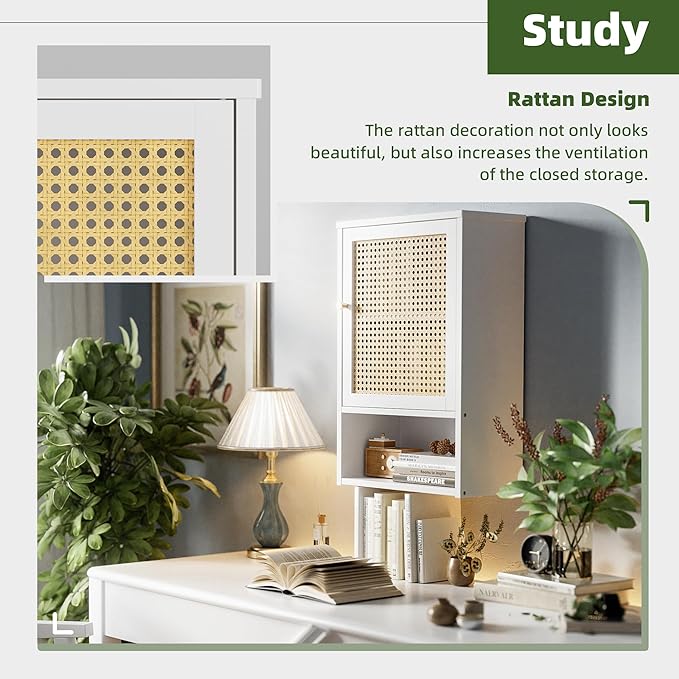Bathroom Wall Cabinet, Bamboo Over-The-Toilet Storage Organizer with Rattan Doors and Adjustable Shelf, Space Saver Medicine Cabinet for Laundry, Kitchen, Living Room (White)