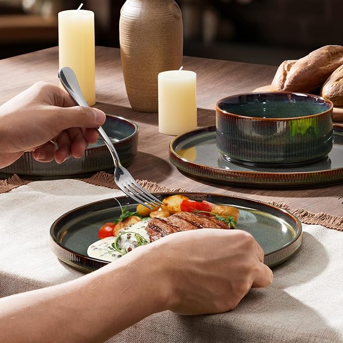 LIANYU Dinnerware Sets with Pasta Bowls, 8 Piece Ribbed Dinnerware Plates and Bowls Set for 2, Elegant Modern Stoneware Dishes Set for Kitchen Dining, Microwave and Dishwasher Safe, Jungle Green