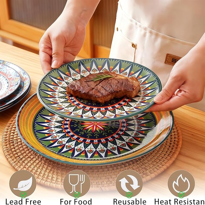 6-Piece Bohemian Dinner Plate Set, 10-Inch Large Plates, Suitable for Salad, Fruit, Pasta, and Main Courses, Party Tableware Set, Dishwasher and Microwave Safe