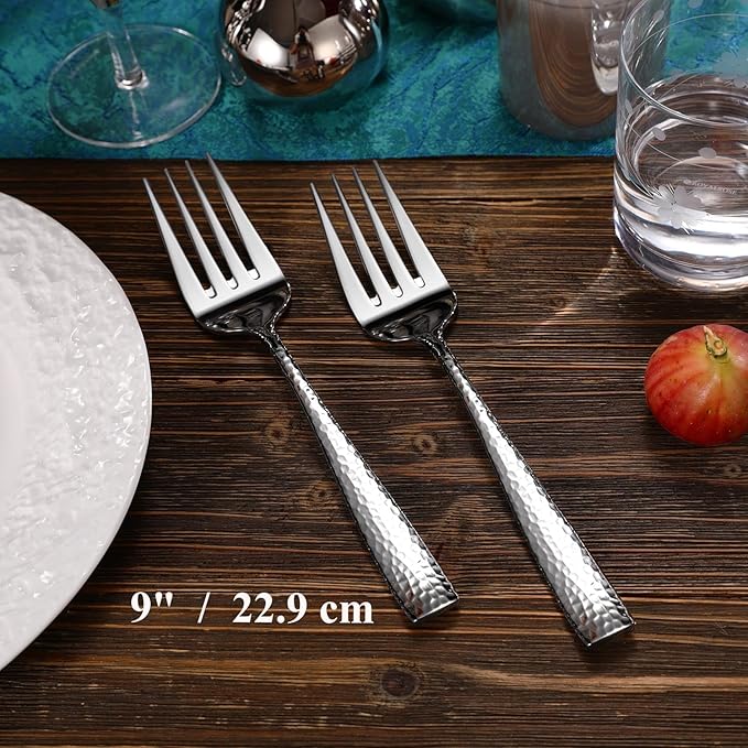 KEAWELL Premium Louis Hammered Table Utensils, 18/10 Stainless Steel, Squared Edge, Mirror Finish, Dishwasher Safe (Serving Forks, Set of 2)