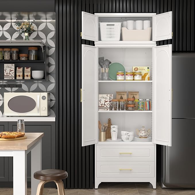 Kitchen Pantry Cabinet竊?0" Storage Cabinets with Doors and Shelves,Metal Pantry Cabinet with 2 Drawers,White Kitchen Cupboard for Livingroom,Pantry, Bathroom