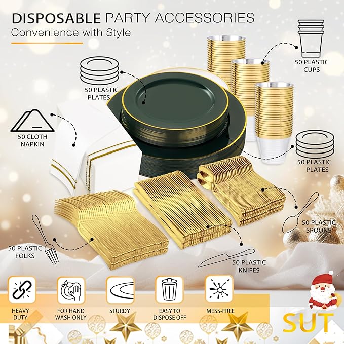 SUT 350PCS Green and Gold Plastic Plates for 50 Guests, Disposable Plates and Napkins Party Supplies, Gold Plastic Silverware, Plates, Cups and Napkins Sets竊똏arty Plates and Cups and Napkins Sets