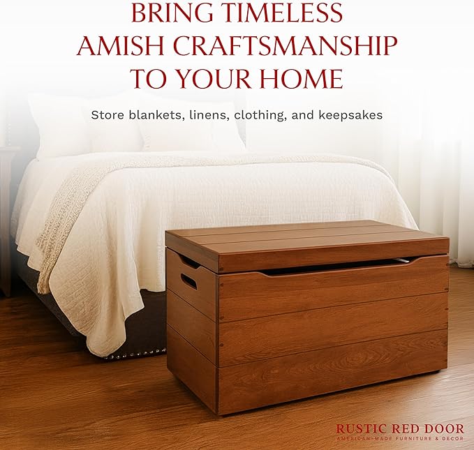 Hope Woodworking Amish Made Wooden Storage Chest Trunk Box with Lid and Handles for Bedroolanket, Clothes, Anti-Slam Hinges, Handmade, Rustic, Cherry Wood, Cherry Stain, 42"