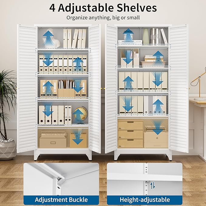 75" Tall Metal Kitchen Storage Cabinet,White Kitchen Pantry Storage Cabinet with Doors and 4 Adjustable Shelves,Utility Cabinet for Living Room,Garage,Dining Room and Office,Assemble Required