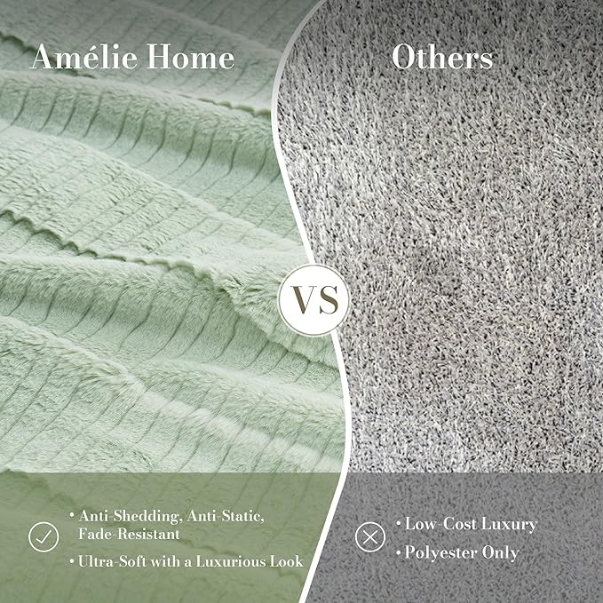 Am챕lie Home Luxury Striped Faux Fur Throw Blanket for Couch, Soft Cozy Fuzzy Fluffy Soft Plush Blankets Sofa Chair Gift Blankets for Women, 55"x70", Sage Green