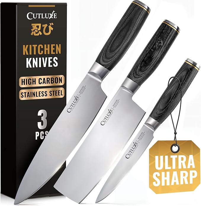 Cutluxe 3-Piece Chef Knife Set ??Ultra Sharp Japanese Kitchen Knives, High Carbon Stainless Steel Blades, Full Tang Pakkawood Handles ??Shinobi Series