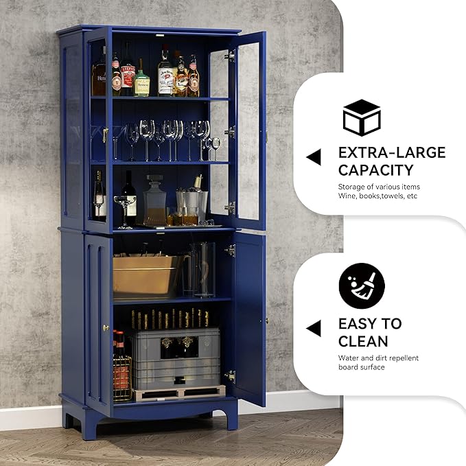 ARTPOWER 72" Freestanding Kitchen Pantry Storage Sideboard, Classical Tall Cabinet with Glass Door and Adjustable Shelves for Kitchen, Livingroom and Dining Room, Navy Blue