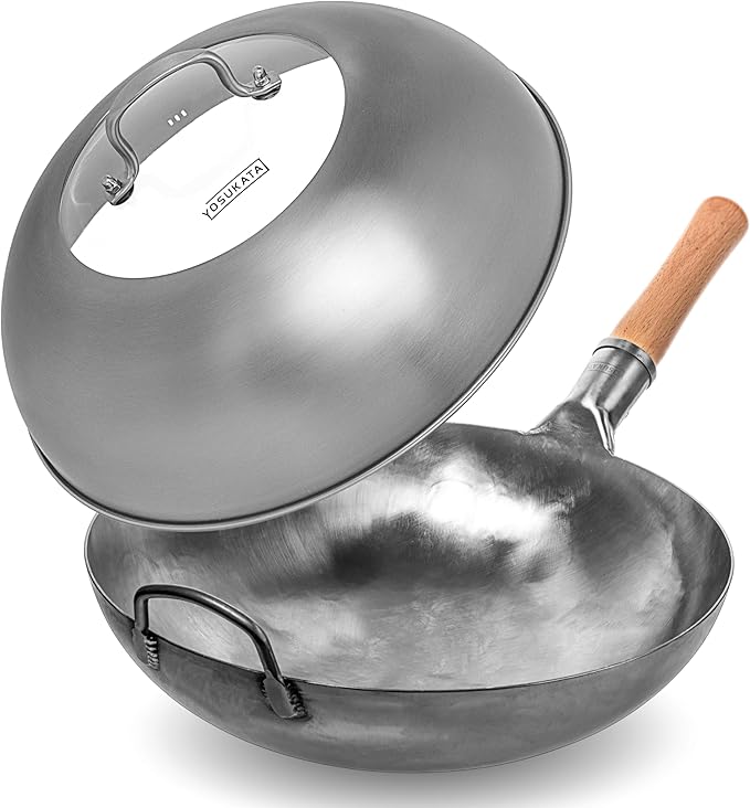 YOSUKATA Silver Round Bottom Pan ??Stir Fry Pans For Cooking + Wok Lid 13.6 Inch - Premium Stainless Wok Cover with Tempered Glass Insert Steam Holes