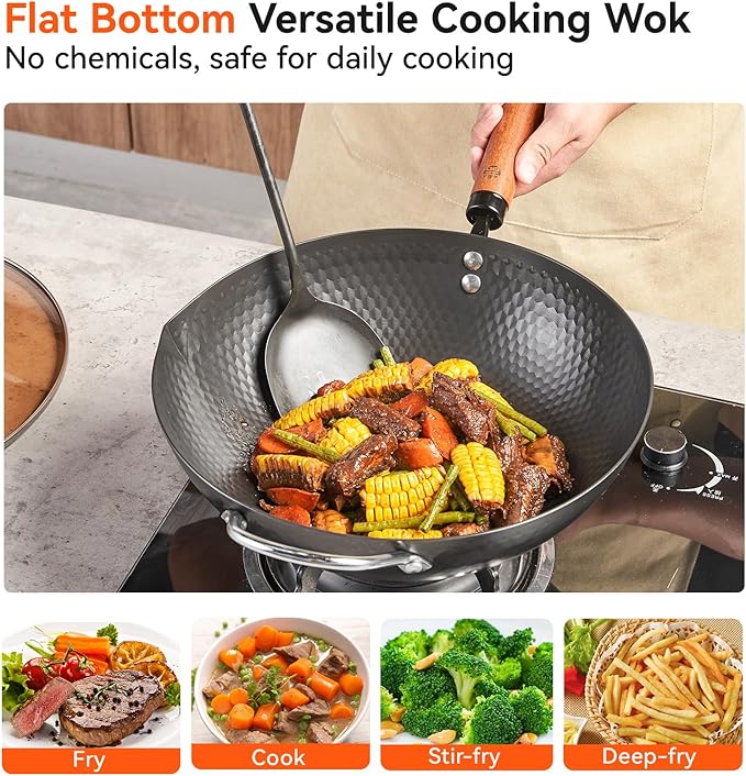 WANGYUANJI 12.6 Inch Iron Wok with Glass Lid and Iron Spatula, Flat Bottom Carbon Steel Wok Pan with Helper Handle, Non-Coated Stir Fry Pan for Induction, Gas and Electric Stoves
