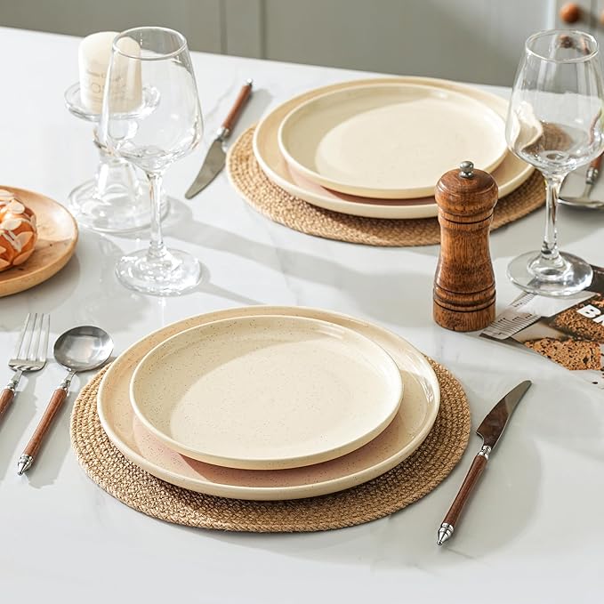 GZG Ceramic Dinner Plates Set of 4, 10.25 Inch Speckled Stoneware Plates with Clay-Tone Base, Large Ceramic Plates for Steak, Salad, Pizza, Microwave Oven Dishwasher Safe