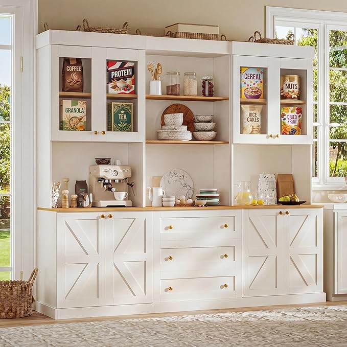 71" Farmhouse Kitchen Pantry Cabinet Set of 3, Freestanding Coffee Bar Hutch with Glass Doors, Drawers & Adjustable Shelves, Large Storage Cabinet with Microwave Stand for Living Room & Kitchen, White