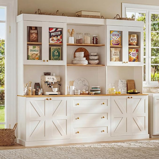 71" Farmhouse Kitchen Pantry Cabinet Set of 3, Freestanding Coffee Bar Hutch with Glass Doors, Drawers & Adjustable Shelves, Large Storage Cabinet with Microwave Stand for Living Room & Kitchen, White