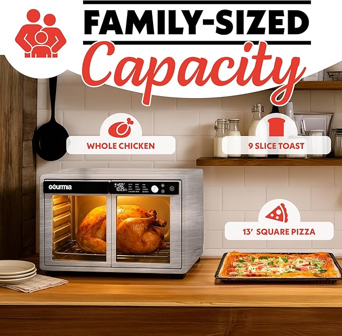 Gourmia French Door Air Fryer Oven - 37 Qt Large Capacity Convection Toaster Oven, FryForce 360°, Digital Display, 12 Cooking Presets, Dehydrate, Fits 13??Pizza, Dishwasher-Safe, Stainless Steel