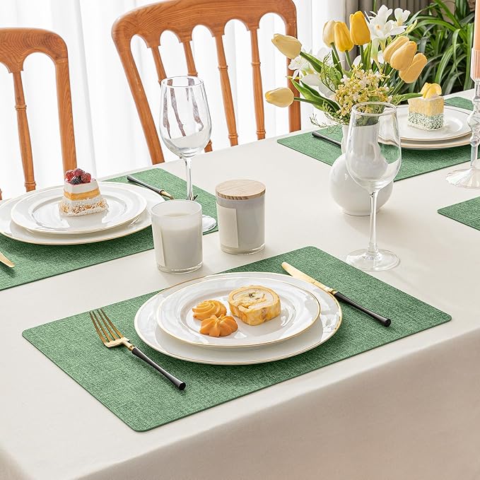 Romanstile Vinyl Placemats Set of 8-12 X 17 Inch - Heat Resistant Place Mats 100% Waterproof Oilproof Wipeable Reversible Faux Leather Table Mats for Kitchen, Dining, Party, Outdoor, Dark Green