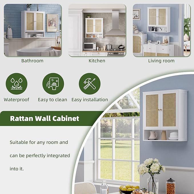 Bathroom Wall Cabinet, Bamboo Over-The-Toilet Storage Organizer with 2 Rattan Doors and Adjustable Shelf, Space Saver Medicine Cabinet for Laundry, Kitchen, Living Room (White)
