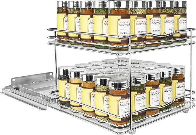 LYNK PROFESSIONAL짰 Pull Out Spice Rack Organizer for Inside Kitchen Cabinets - 10-3/8 inch Wide - Slide Out Drawer ??Chrome Sliding Spice Cabinet Organization Shelf Racks - 2 Tier