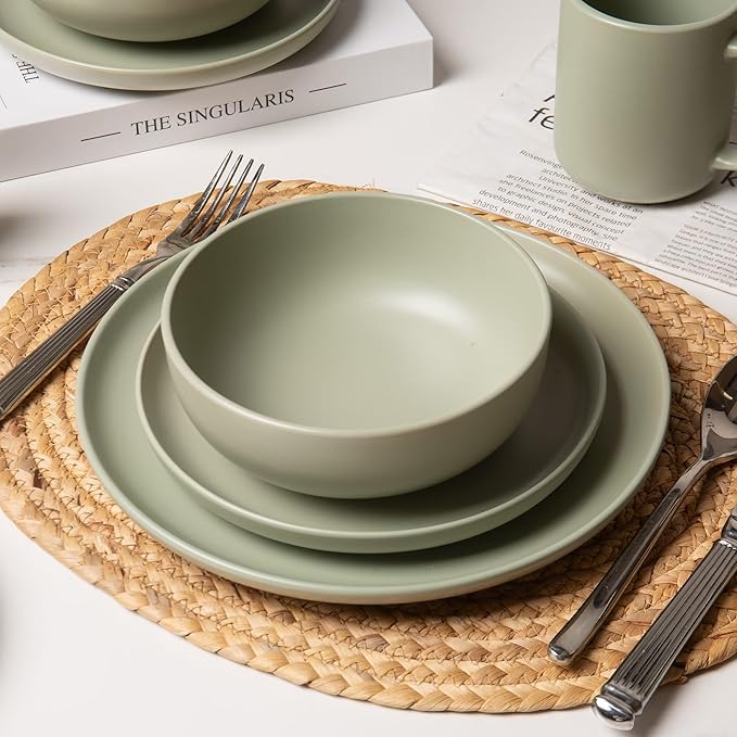 Furrnook 12-Piece Stoneware Dinnerware Set with Mugs | Microwave and Dishwasher Friendly | Stackable Matte Glaze Plates & Bowls | Service for 4