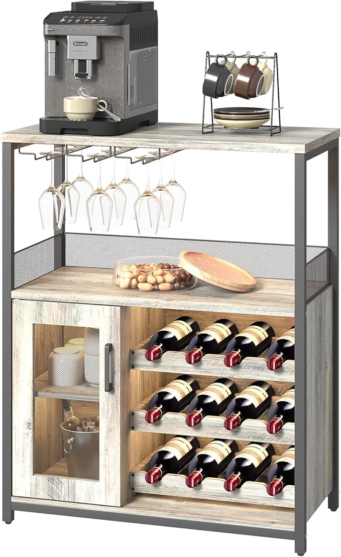 Vintage Industrial Wine Bar Cabinet with Adjustable Wine Racks and Glass Holders, Mesh Door Sideboard Storage Cabinet for Living Room, Kitchen, Dining Room, Compact Design, Easy Assembly,Gray