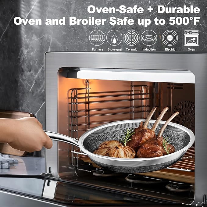 Fogdream 10??1??Non Stick Frying Pans, Stainless Steel Skillet with Lid, Tri-Ply Stainless Steel for All Cooktops, Dishwasher and Oven-Safe Cooking Pan, Stay-Cool Handle, Silver