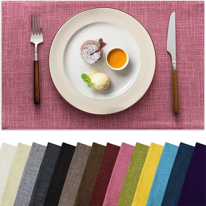 Aironment Placemats Set of 8, Bilayer Thickened Linen Place Mats Heat Resistant Machine Washable Wrinkle Free Carefully Selected Polyester Mats for Kitchen/Dining/Coffee Table (Pink)