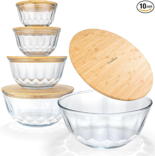 Large Stackable Set of 5 Nesting Glass Bowls with Bamboo Lids for Foodprep, Storage, Baking, Sourdough Mixing & Cooking. Microwave & Oven Safe Heat Resistant Inert Borosilicate Glass
