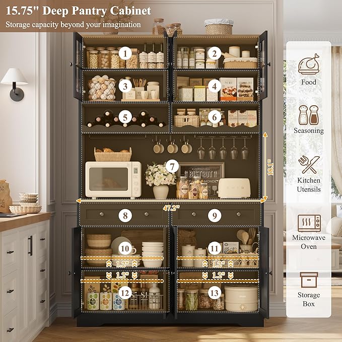 HOSTACK 75.4" Tall Kitchen Pantry Cabinet with Charging Station, Modern White Kitchen Hutch with Microwave Stand and Wine Rack, Large Food Pantry Storage Cabinet with Glass Doors and Drawers, Black