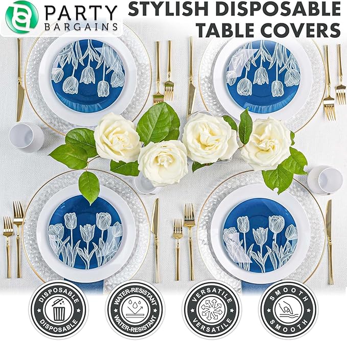 PARTY BARGAINS Disposable Table Covers, 54 x 108 Inch, White, 3-Ply Paper & Plastic Spill-Resistant Party Tablecloths, 10 Pack