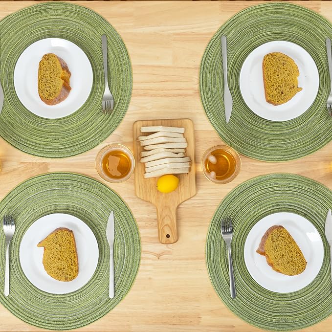 Winknowl Round Braided Placemats Set of 8 Washable Woven Heat Resistant Table Mats for Kitchen Dining Tables 15 inch Round Place Mats (Pea Green,8)