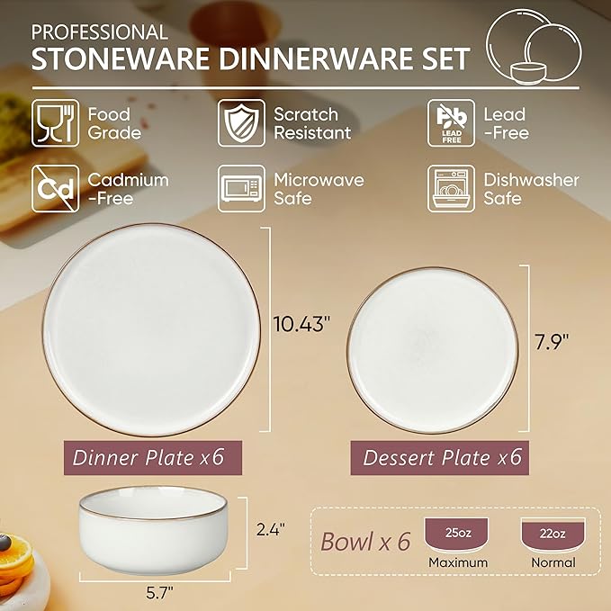 Herogo 18-Piece Stoneware Dinnerware Set for 6, Handmade Plates & Bowls with Double Reactive Glaze, Microwave and Dishwasher Safe, Scratch Resistant, Ivory White
