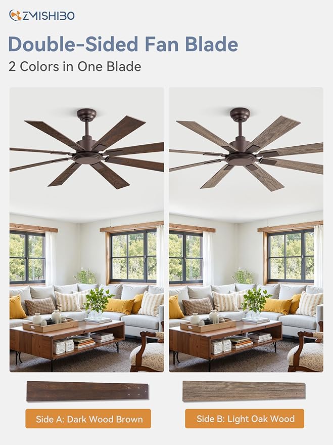 62 Inch Ceiling Fan No Light with Remote Control, 8 Blades Quiet DC Reversible Motor, 6-Speed, Timer, Oil Rubbed Bronze Finish, Indoor Outdoor Ceiling Fans for Patios, Living Room, Garage