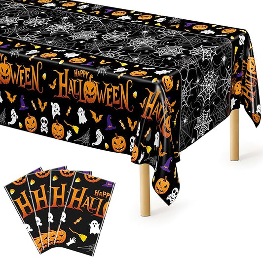 QZYL 4 Pack Halloween Tablecloth, 54" x 108" Halloween Decorations, Pumpkin Design Disposable Tablecover Plastic Table Cloth, Spider Webs Decorations Party Supplies Tableware Indoor