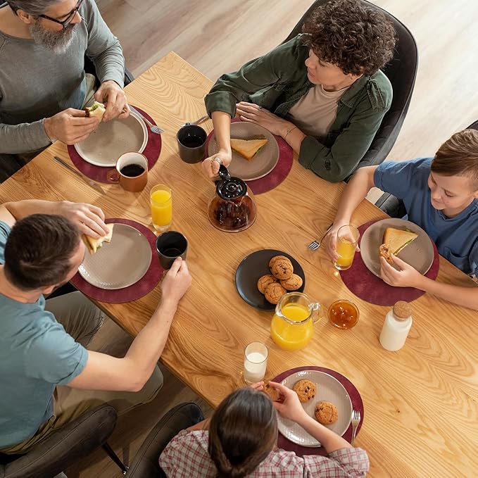 ADRIMER Placemats, Heat Resistant Round Placemats Set of 6 Washable, Waterproof Table Mats, Wipeable Faux Leather Place Mats for Kitchen, Dining Room, Wine Red