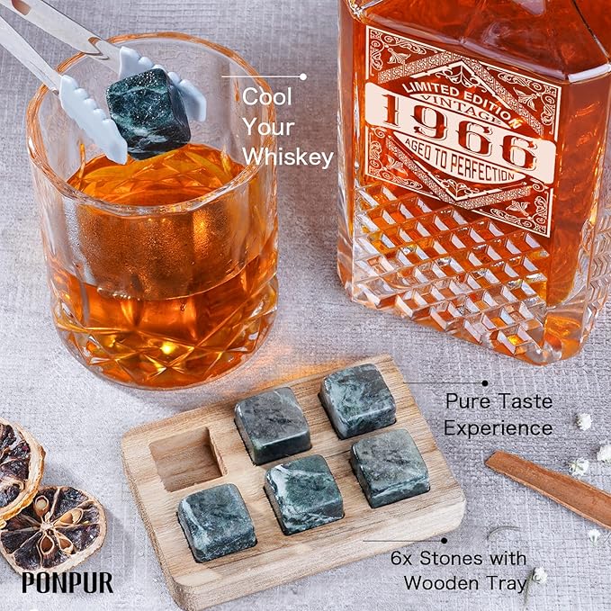 PONPUR 1966 60th Birthday Gifts For Men Dad, 1966 Laser Whiskey Decanter Set with Gift Box, Anniversary Bday Gift Ideas for Him Husband, 60 Years Decorations, Whiskey Glasses & Whisky Stones Inc.