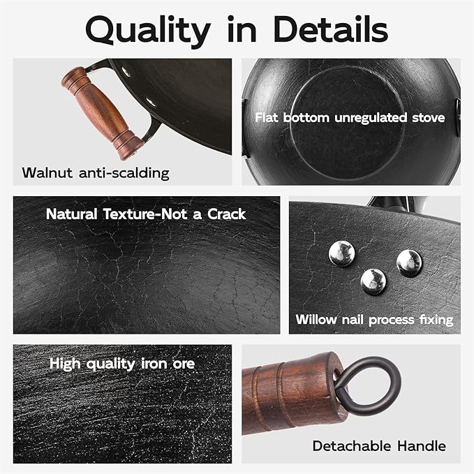 WANGYUANJI 13.4 Inch Traditional Cast Iron Wok with Wooden Lid and Stainless Spatula, Flat Bottom Double-Handle Chinese Stir Fry Pan, Uncoated Cast Iron Wok for Induction, Gas and Electric Stoves