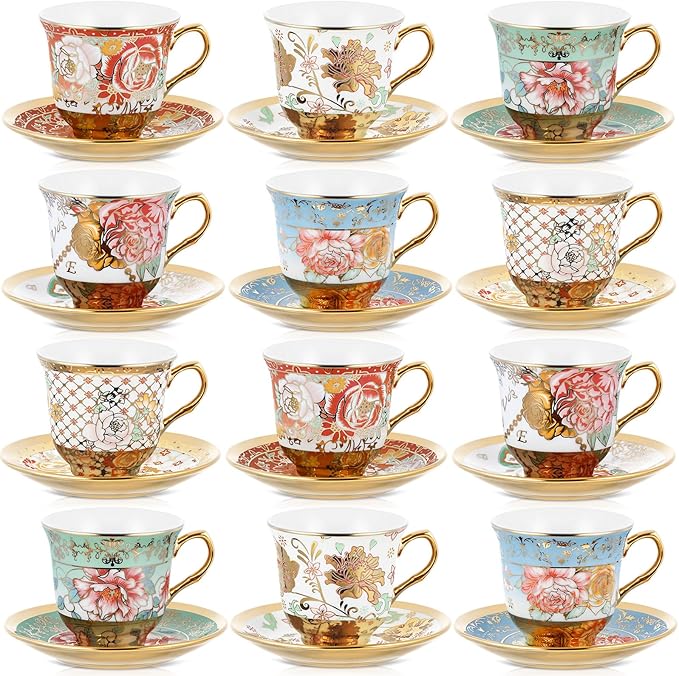Set of 12 Tea Cups and Saucers Tea Party Decorations Floral Porcelain 5.4 oz British Gift for Women Birthday Party, Church, and Mother's Day (Stylish Style)