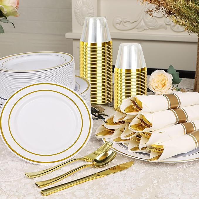 Zcaukya 350 PCS Gold Plastic Dinnerware for 50 Guests, Elegant Disposable Utensils Set with 100 Plates, 50 Pre-Wrapped Napkins, 50 Cups, 50 Spoons, 50 Forks and 50 Knives for Birthday Parties Weddings