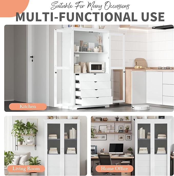Zateety 73.2" Kitchen Pantry, Freestanding Kitchen Storage Cabinet Display Cabinet with Glass Doors and 4 Built-in Drawers for Living Room, Home Office, White