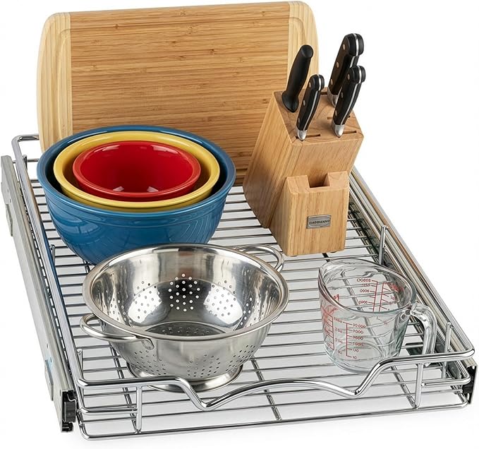 HOLDN??STORAGE Pull Out Cabinet Organizer, Heavy Duty Caddy w/Lifetime Limited Warranty -14?쓂 x 21?쒭 - Requires At Least 15-1/4??Cabinet Opening, Steel Metal Cabinet Drawers Slide Out, Chrome