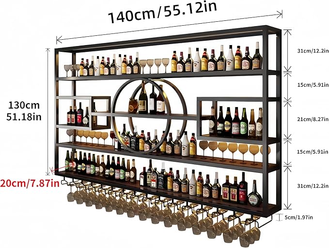 55in Modern Wine Rack Wall Mounted, Metal Wall Bar Shelves for Liquor Bottles with Glass Holder, Multifunctional Wood Bar Shelves Wall Mounted for Home Bar, Dining Room & Kitchen, Black
