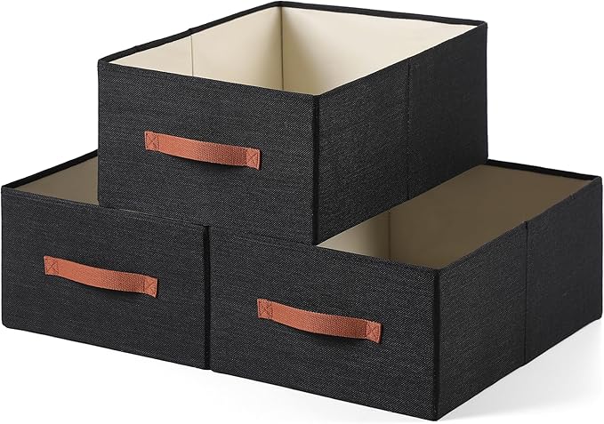 linen closet organizers and storage, 3 Pack Large Storage Baskets, Washable, Clothing Storage Bins with Handle, Closet Organizer for Storage Sweater,Sheets (Black, 18쩍"x13쩍"x8쩍")