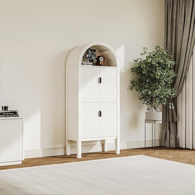 71" Tall Arched Fluted Storage Cabinet - Modern Pantry Cabinet with 4-Tier Shelves, Open Display & Sealed Storage, Accent Sideboard for Living Room Kitchen Dining Room (Antique White)