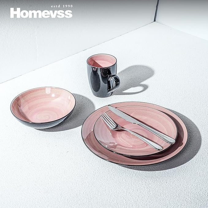 Stoneware Sonoma 16pc Dinnerware Set, Black + Speckled Spin Wash Rose