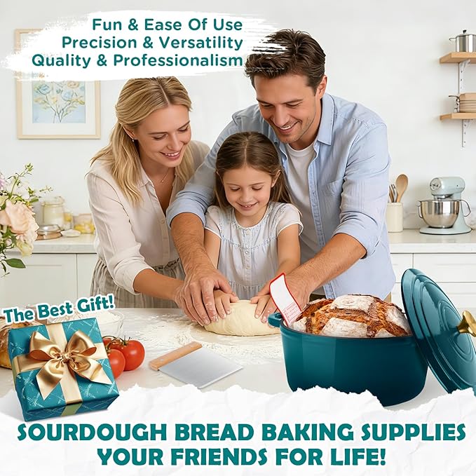 Enameled Cast Iron Dutch Oven Pot with Lid, Incl. Sourdough Bread Baking Supplies Like Banneton Bread Proofing Basket, Starter Jar, Scoring Tool Lame, 5QT Dutch Oven for Bread Baking, Oven Safe up to 500째F
