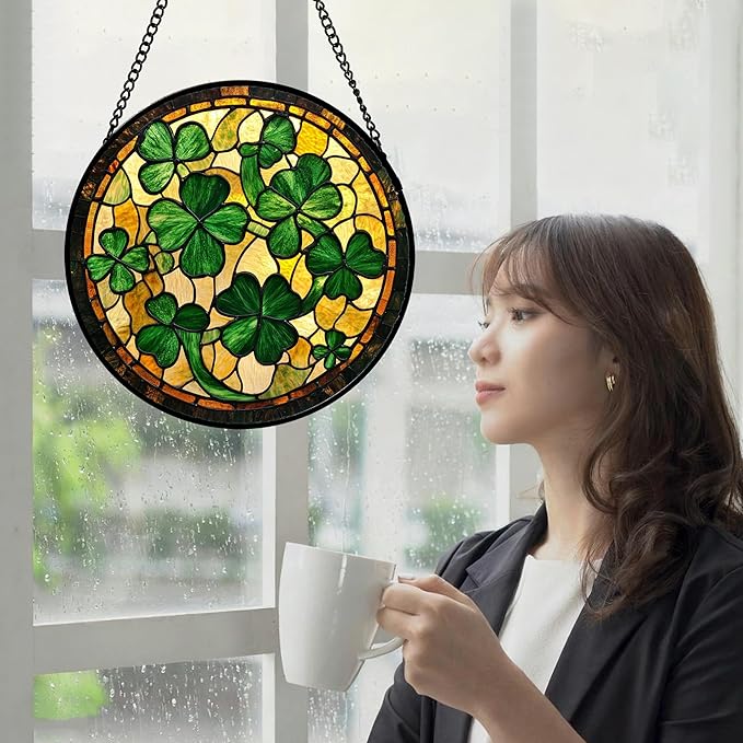 Stained Glass Window Hanging Green Retro Lucky Clover Large 15" - Suncatcher Door Garden Sun Catcher Ireland Decor Birthday Mother's St. Ripack's Day Gift for Woman Mom Men Friend Nana Wife